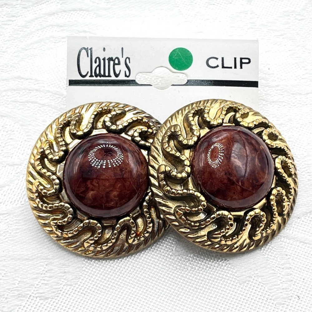 Vintage 90s Claire's Chunky Circle Gold Tone Clip-On Earrings w/ Brown Cabochons